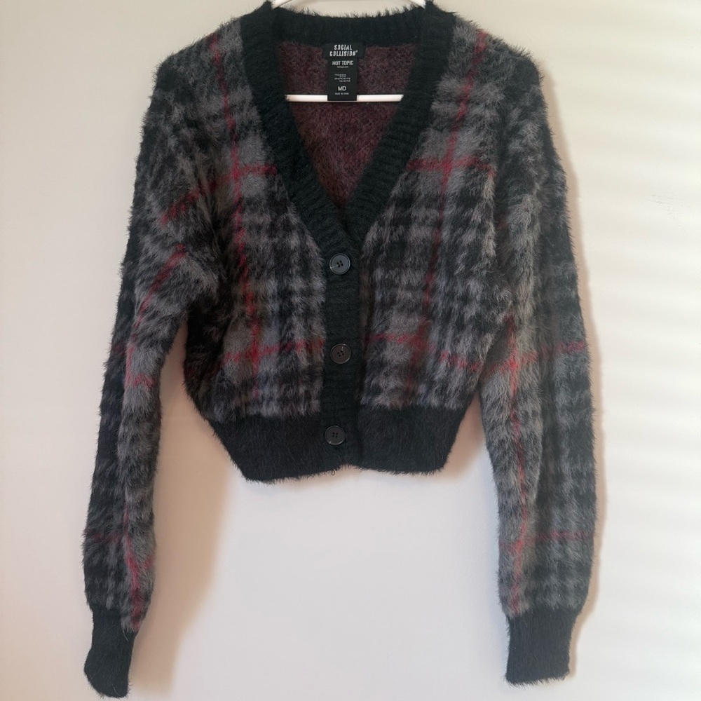 Hot Topic Social Collision Whimsigoth Black and Red Plaid Women’s Cardigan